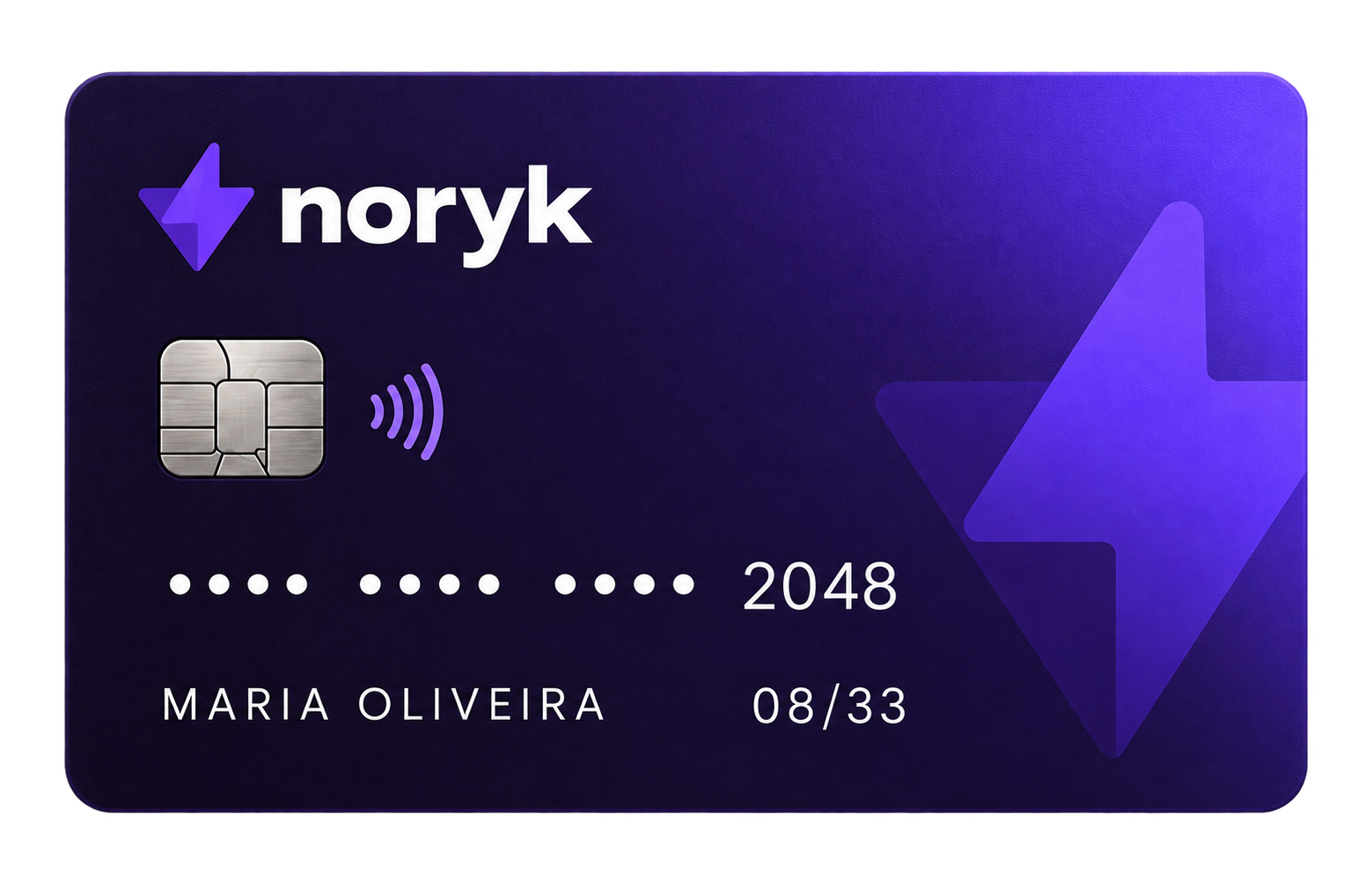 Cartão Noryk roxo com chip, símbolo de aproximação, nome Maria Oliveira e validade 08/33
